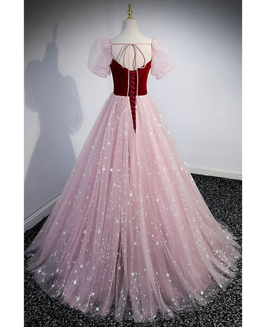 Lovely A Line Sweetheart Stars Pink Sequin Puff Sleeve Long Prom Dress,Evening Dress GG525