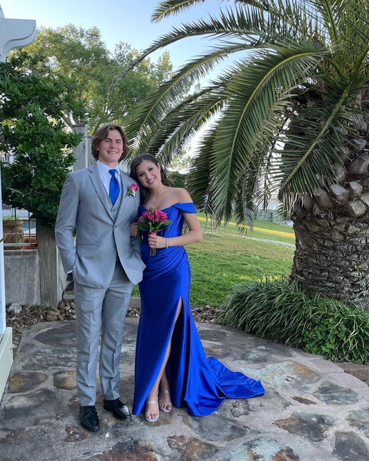 Formal Mermaid Off The Shoulder Royal Blue Pleated Satin Slit Long Prom Dress,Evening Dress GG5251