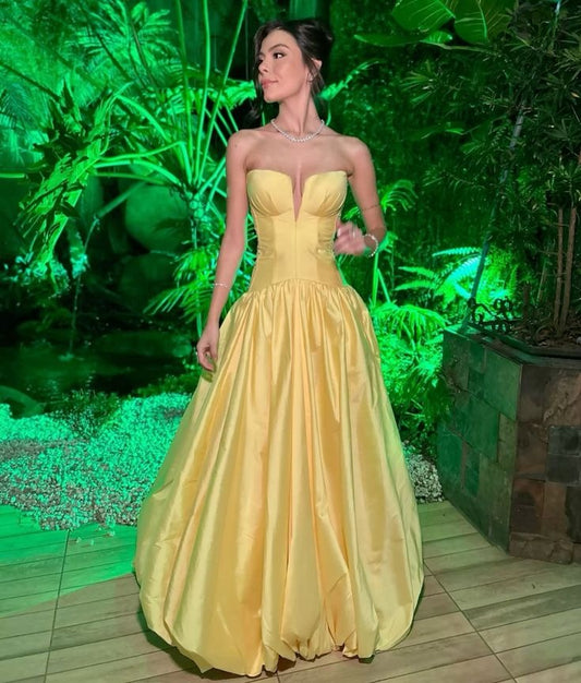 Elegant Yellow A Line Strapless Satin Without Sleeves Long Prom Dress,Evening Dress GG5270