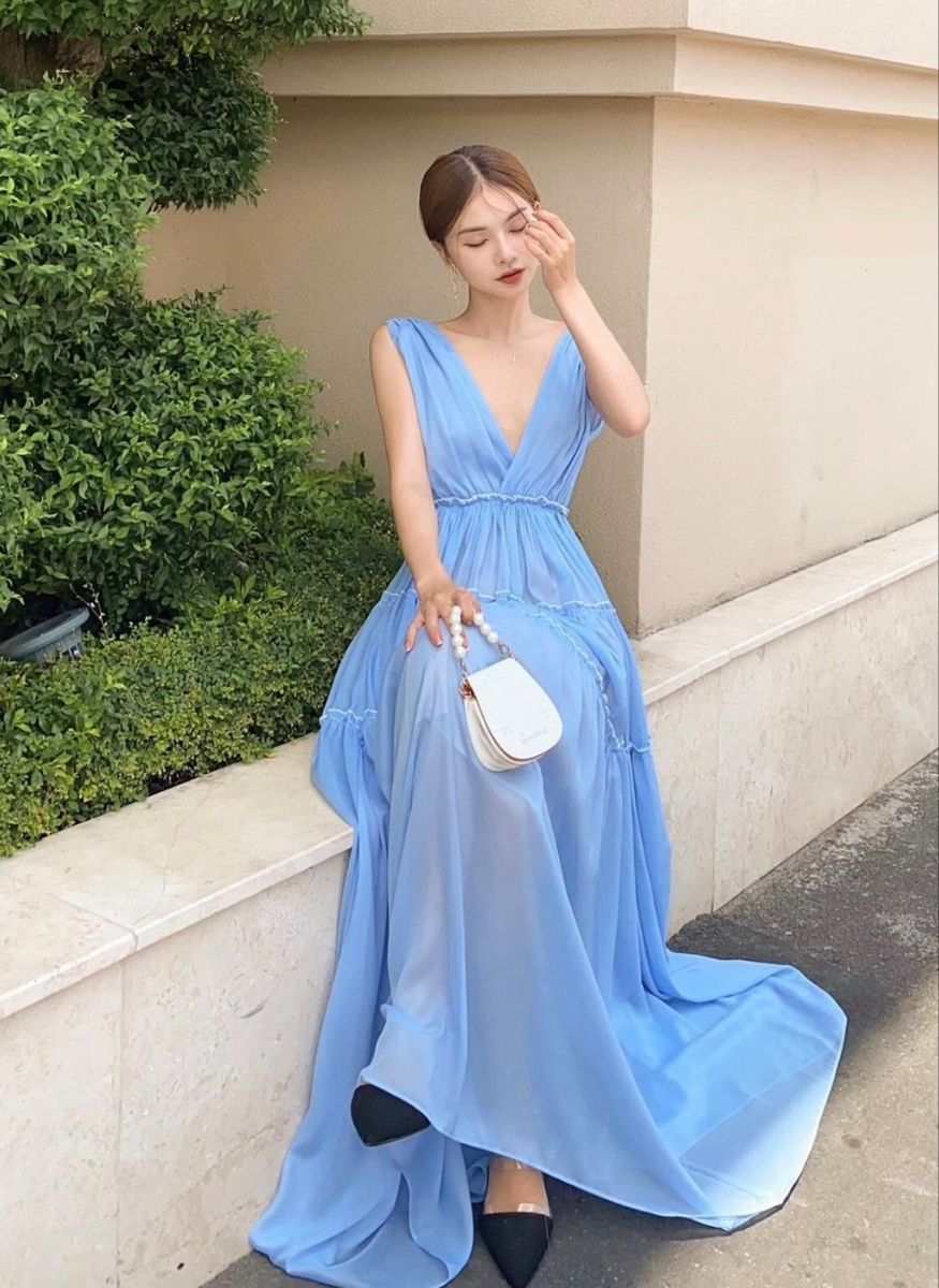 Elegant V Neck Blue A Line Chiffon Without Sleeves Long Prom Dress,Evening Dress GG5279