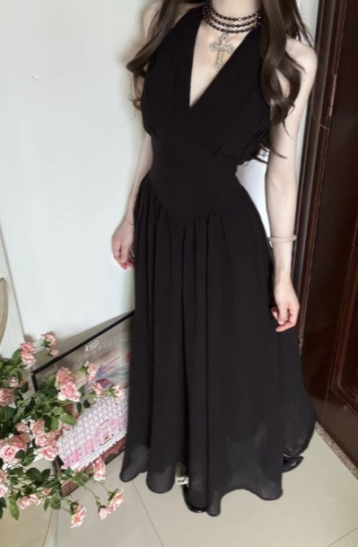 Classy A Line Black Halter Chiffon Without Sleeves Long Prom Dress,Evening Dress GG5298