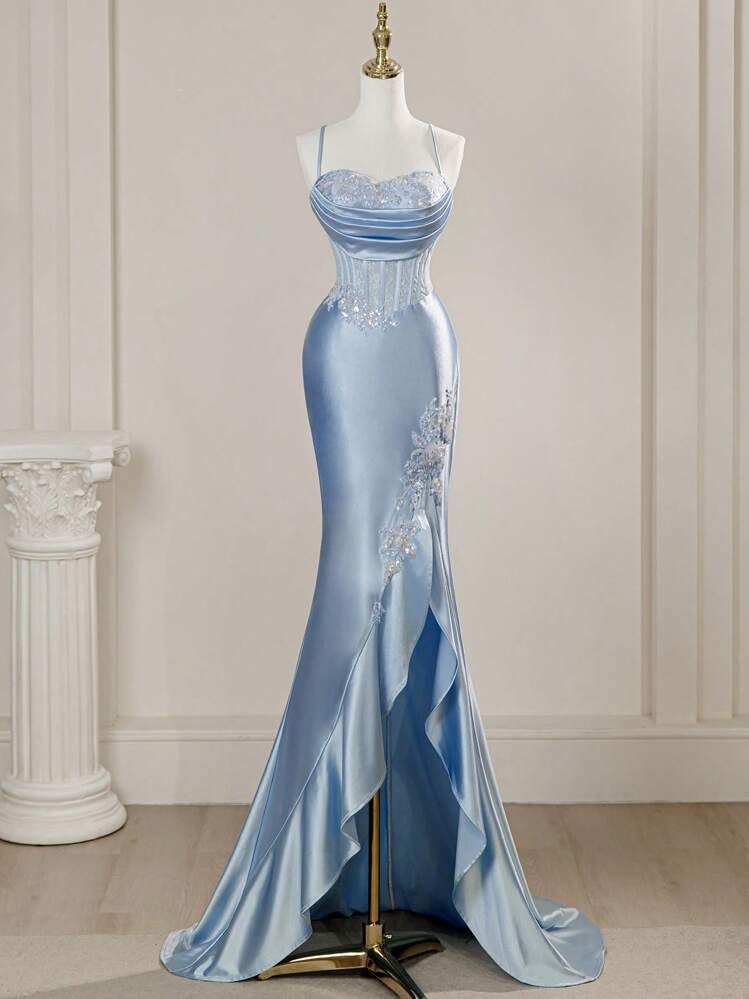 Pretty Pale Blue Mermaid Spaghetti Straps Satin Sequin Without Sleeves Long Prom Dress,Evening Dress GG5312