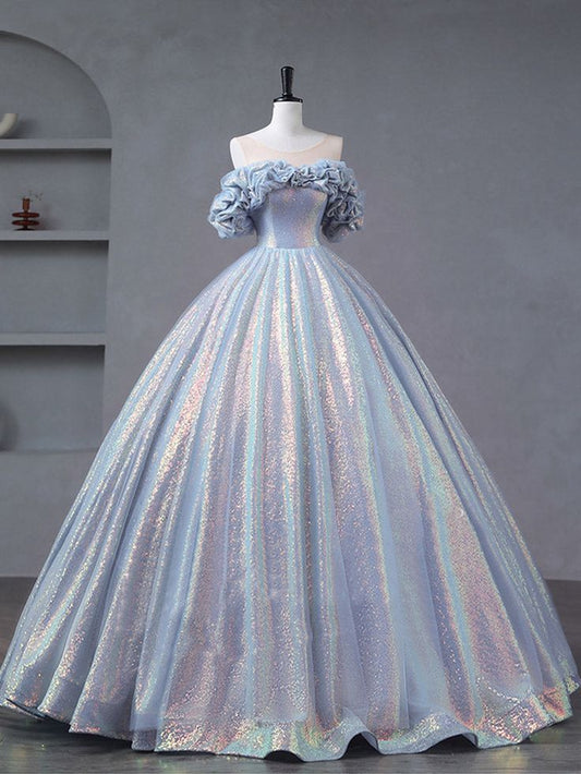 Glitter Ball Gown Off The Shoulder Blue Purple Tulle Sequin Long Prom Dress,Evening Dress GG532