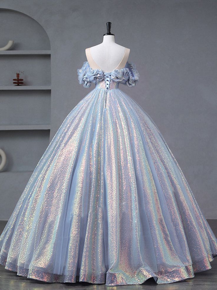 Glitter Ball Gown Off The Shoulder Blue Purple Tulle Sequin Long Prom Dress,Evening Dress GG532