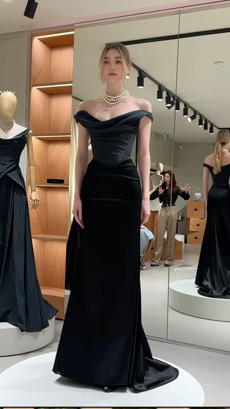 Elegant Mermaid Off The Shoulder Black Satin Without Sleeves Long Prom Dress,Evening Dress GG5337