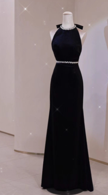 Pretty Black Mermaid Halter Satin Beaded Without Sleeves Long Prom Dress,Evening Dress GG5344