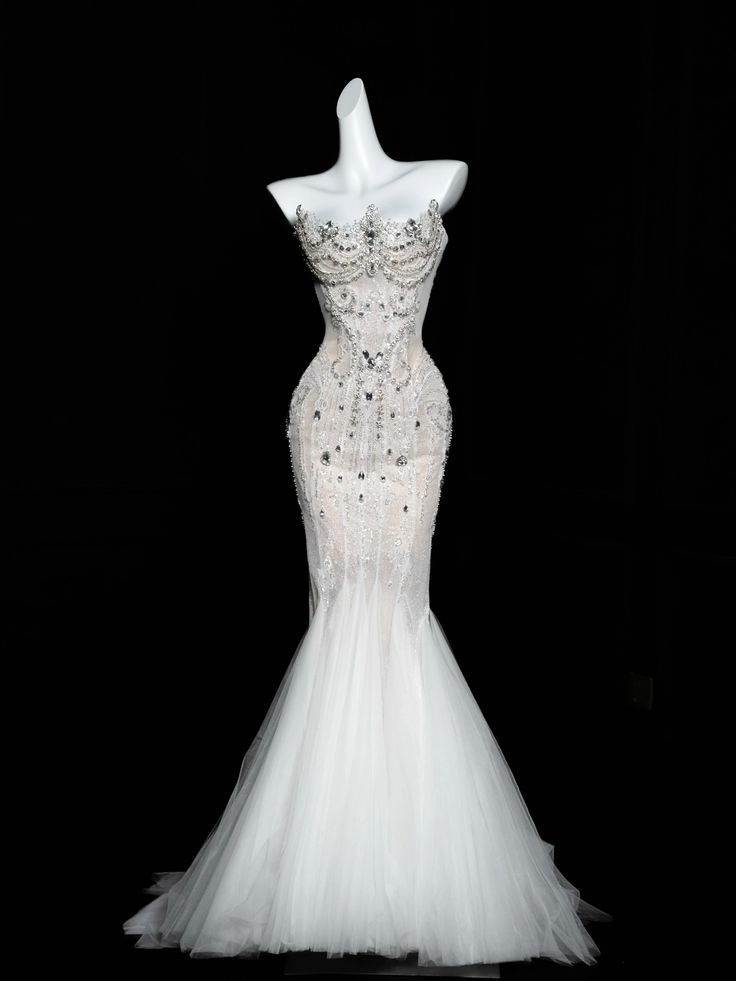 Gorgeous Mermaid Strapless Tulle Sequin Beaded Without Sleeves Long Prom Dress,Evening Dress GG5350