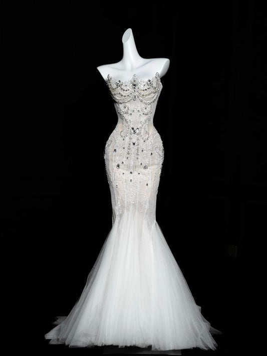 Gorgeous Mermaid Strapless Tulle Sequin Beaded Without Sleeves Long Prom Dress,Evening Dress GG5350