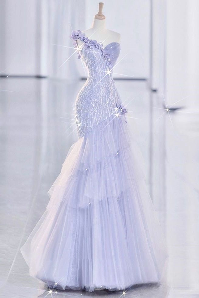 Pretty Lilac Mermaid One Shoulder Tulle Sequin Without Sleeves Long Prom Dress,Evening Dress GG5351