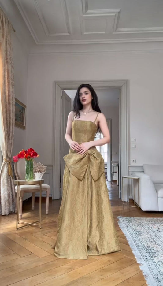 Chic A Line Spaghetti Straps Satin Bow Without Sleeves Long Prom Dress,Evening Dress GG5365