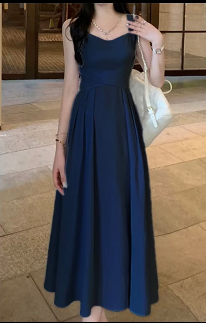 Simple Navy Blue A Line Satin Without Sleeves Long Prom Dress,Evening Dress GG5369