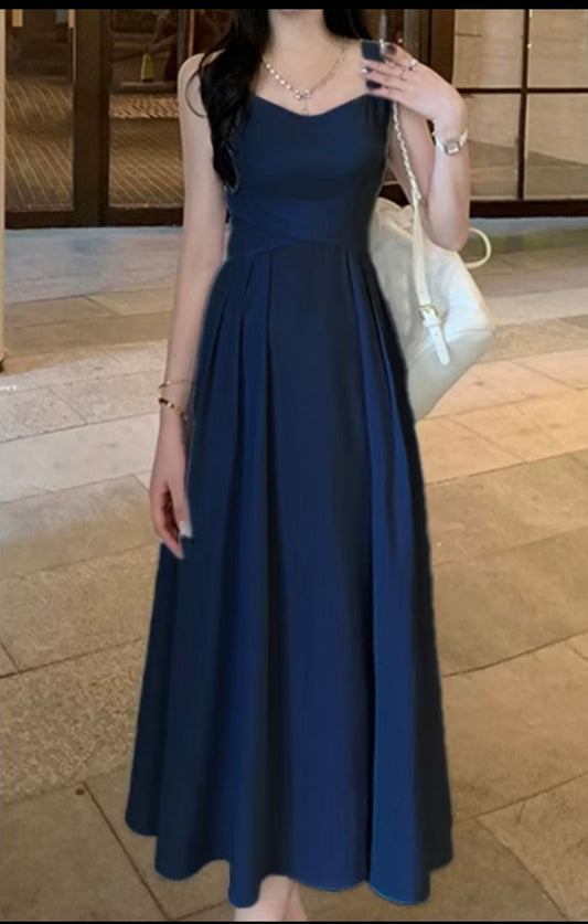 Simple Navy Blue A Line Satin Without Sleeves Long Prom Dress,Evening Dress GG5369