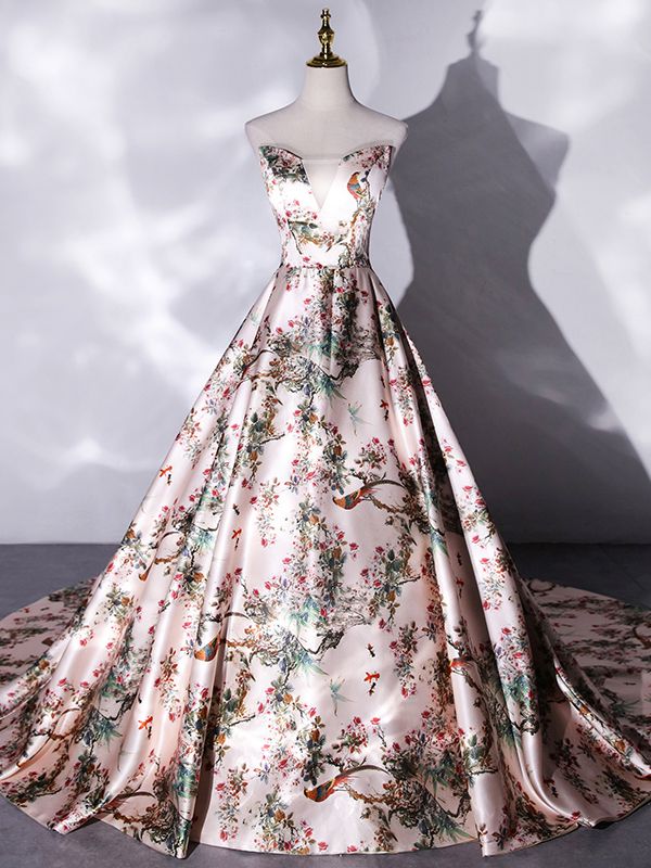 Chic A Line Strapless Pink Satin Embroidery Print Long Prom Dress,Evening Dress GG537