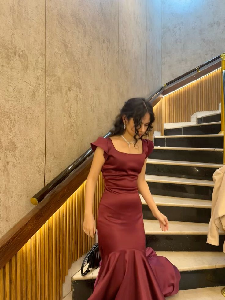 Elegant Mermaid Rust Red Square Satin Without Sleeves Long Prom Dress,Evening Dress GG5371