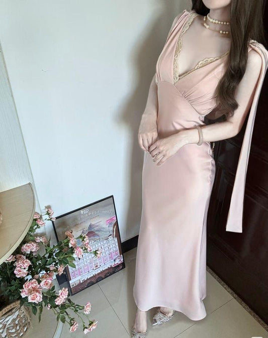 Chic Mermaid V Neck Satin Lace Without Sleeves Long Prom Dress,Evening Dress GG5377