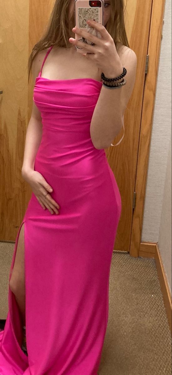 Hot Pink Mermaid Spaghetti Straps Satin Slit Without Sleeves Long Prom Dress,Evening Dress GG5380