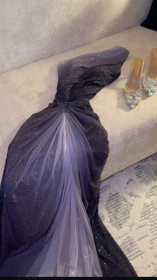 Gradient Mermaid One Shoulder Tulle Beaded Without Sleeves Long Prom Dress,Evening Dress GG5392