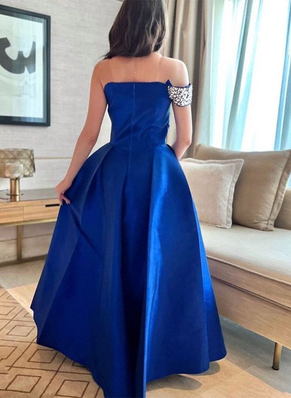 Chic Blue A Line One Shoulder Satin Beaded Without Sleeves Long Prom Dress,Evening Dress GG5396