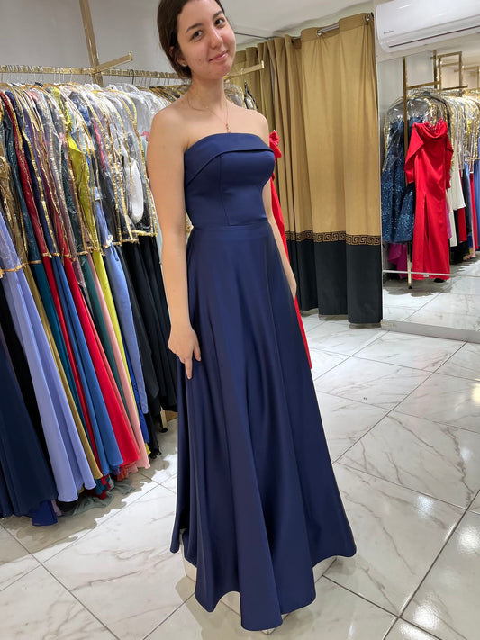 Elegant Navy A Line Strapless Satin Without Sleeves Long Prom Dress,Evening Dress GG5399