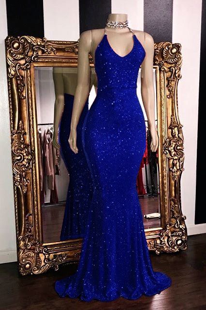 Royal Blue Mermaid Halter Satin Sequin Without Sleeves Long Prom Dress,Evening Dress GG5401