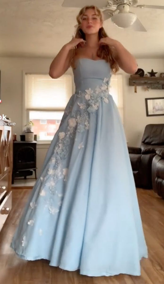 Elegant Ball Gown Pale Blue Strapless Satin Applique Without Sleeves Long Prom Dress,Evening Dress GG5411