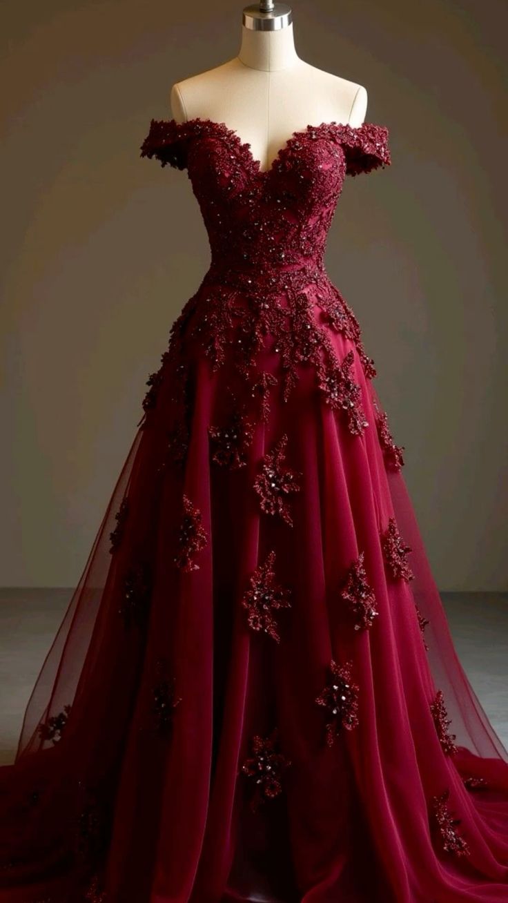 Gorgeous Burgundy Ball Gown Off The Shoulder Tulle Applique Beaded Without Sleeves Long Prom Dress,Evening Dress GG5418