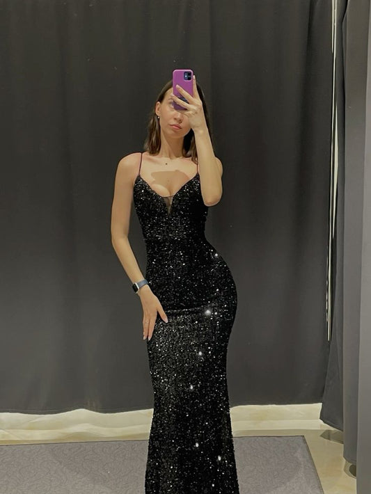 Obsessed Mermaid Black Spaghetti Straps Sequin Without Sleeves Long Prom Dress,Evening Dress GG5423