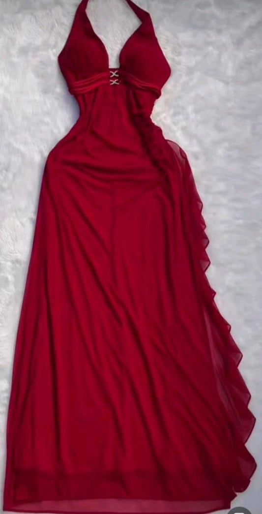 Burgundy A Line Halter Chiffon Beaded Without Sleeves Long Prom Dress,Evening Dress GG5425