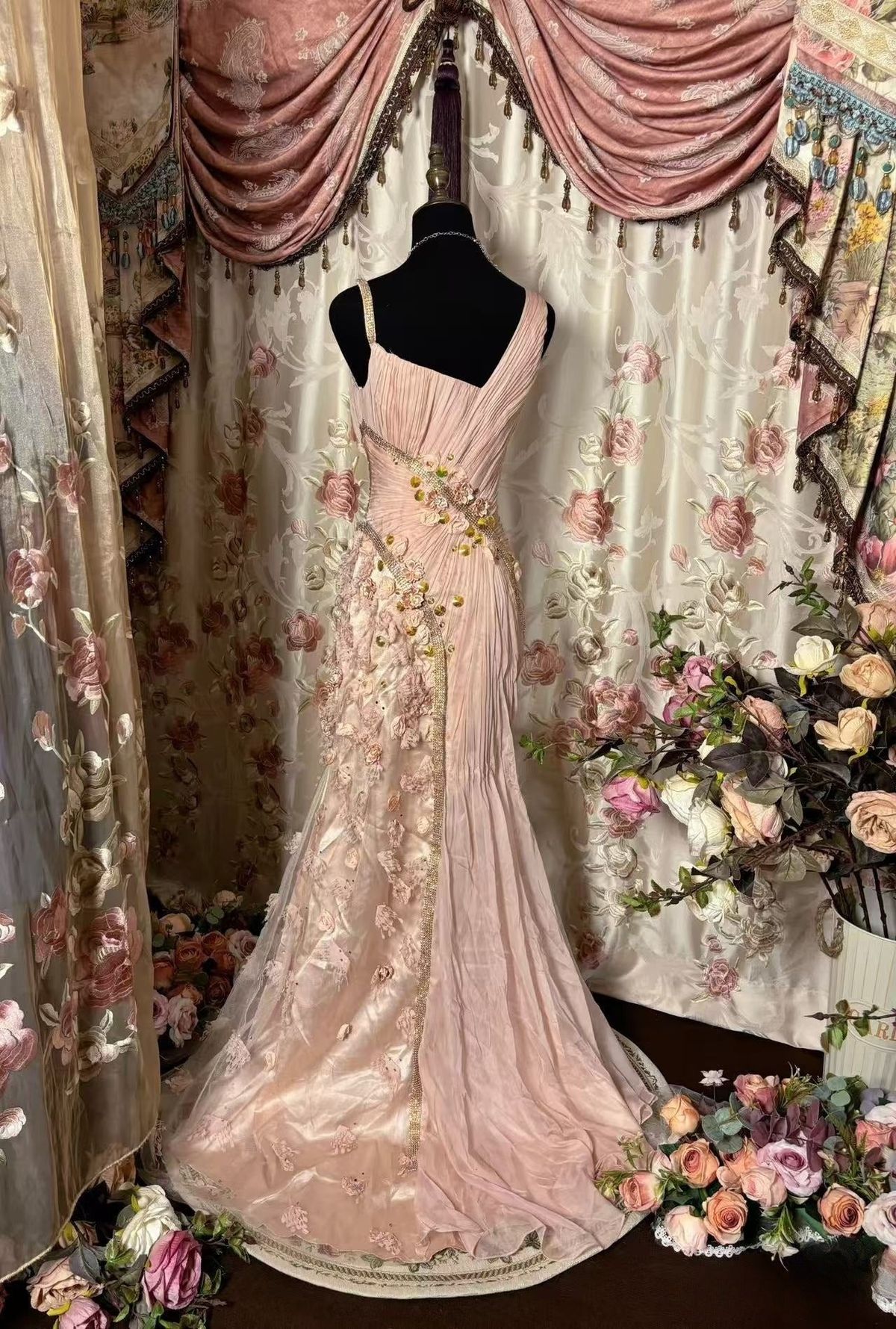 Vintage Mermaid Satin Tulle Applique Without Sleeves Long Prom Dress,Evening Dress GG5438