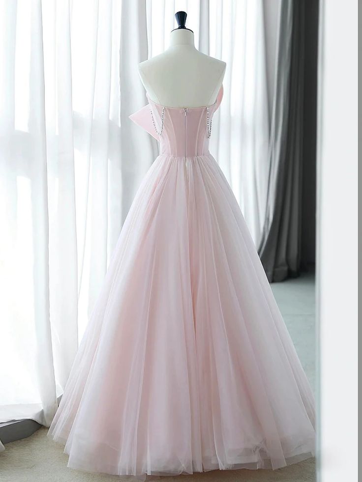 Graceful A Line Strapless Beaded Pink Tulle Bow Long Prom Dress,Evening Dress GG544