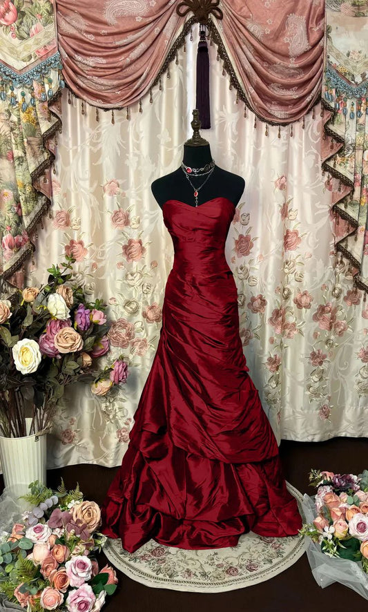 Burgundy Mermaid Sweetheart Satin Without Sleeves Long Prom Dress,Evening Dress GG5442