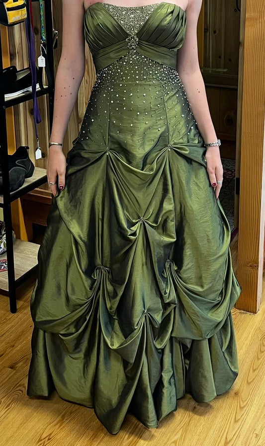 Olive Green Ball Gown Strapless Satin Beaded Without Sleeves Long Prom Dress,Evening Dress GG5452
