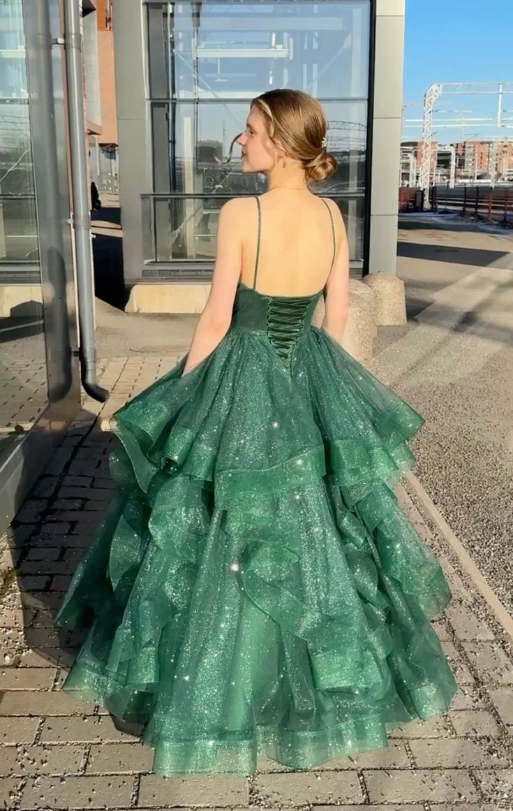 Shiny Ball Gown Spaghetti Straps Dark Green Tulle Sequin Without Sleeves Long Prom Dress,Evening Dress GG5456