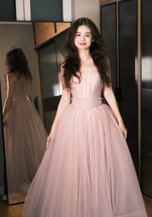 Fairy A Line Strapless Dusty Pink Tulle Without Sleeves Long Prom Dress,Evening Dress GG5462