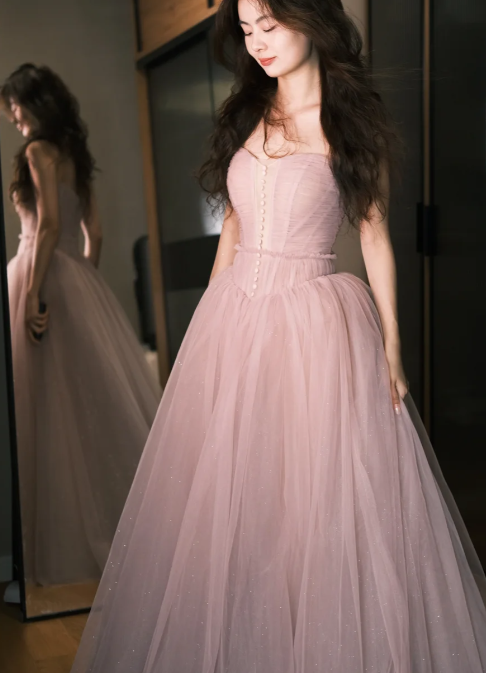 Fairy A Line Strapless Dusty Pink Tulle Without Sleeves Long Prom Dress,Evening Dress GG5462
