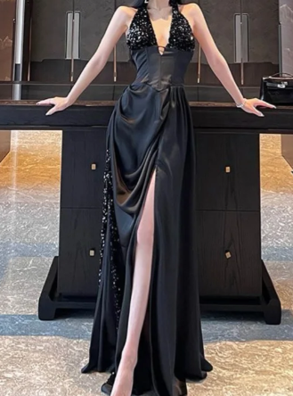 Sexy A Line Black Halter Satin Sequin Slit Without Sleeves Long Prom Dress,Evening Dress GG5465