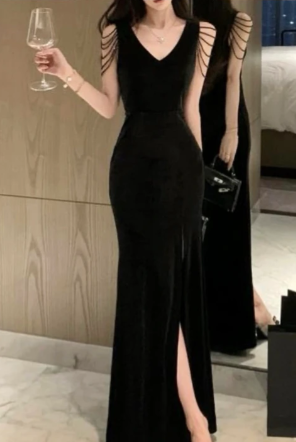 Sexy Mermaid Black V Neck Satin Slit Without Sleeves Long Prom Dress,Evening Dress GG5471