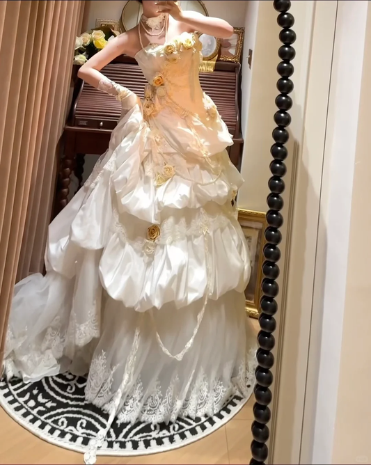 Vintage Ball Gown Strapless Satin Lace Floral Without Sleeves Long Prom Dress,Evening Dress GG5476