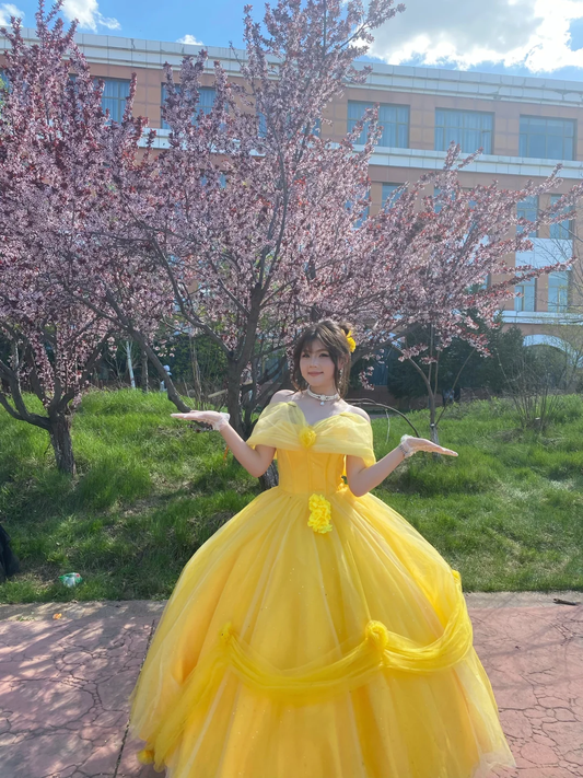 Princess Yellow Ball Gown Off The Shoulder Tulle Without Sleeves Long Prom Dress,Evening Dress GG5477