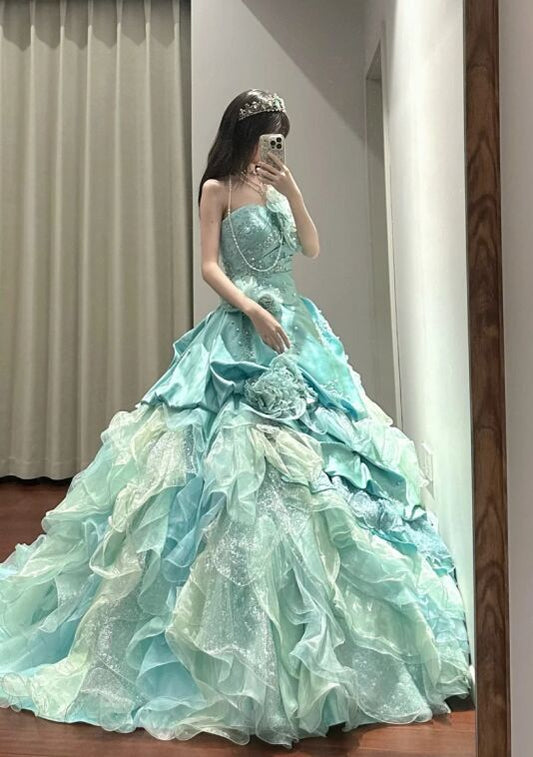 Romantic Ball Gown Strapless Satin Chiffon Beaded Without Sleeves Long Prom Dress,Evening Dress GG5481
