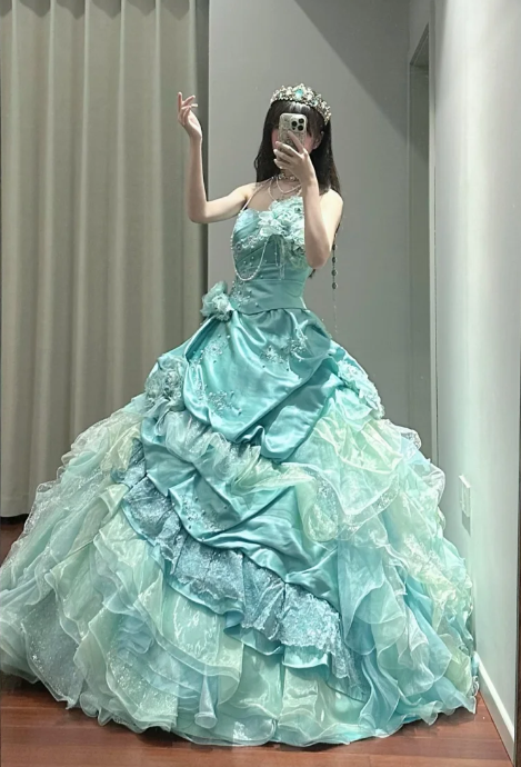 Romantic Ball Gown Strapless Satin Chiffon Beaded Without Sleeves Long Prom Dress,Evening Dress GG5481