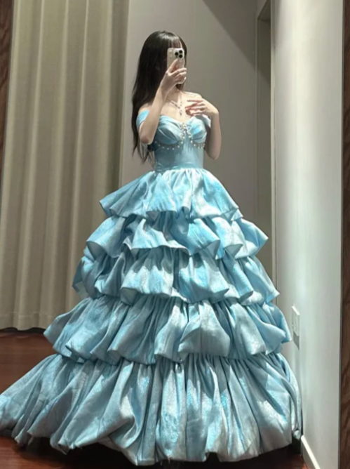 Pretty Ball Gown Off The Shoulder Tiered Satin Beaded Without Sleeves Long Prom Dress,Evening Dress GG5490