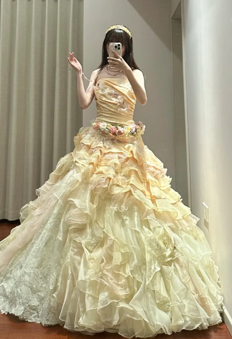 Gorgeous Ball Gown Strapless Satin Tiered Chiffon Floral Without Sleeves Long Prom Dress,Evening Dress GG5493