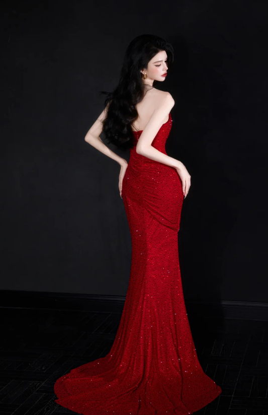Charming Red Mermaid Strapless Satin Beaded Without Sleeves Long Prom Dress,Evening Dress GG5503