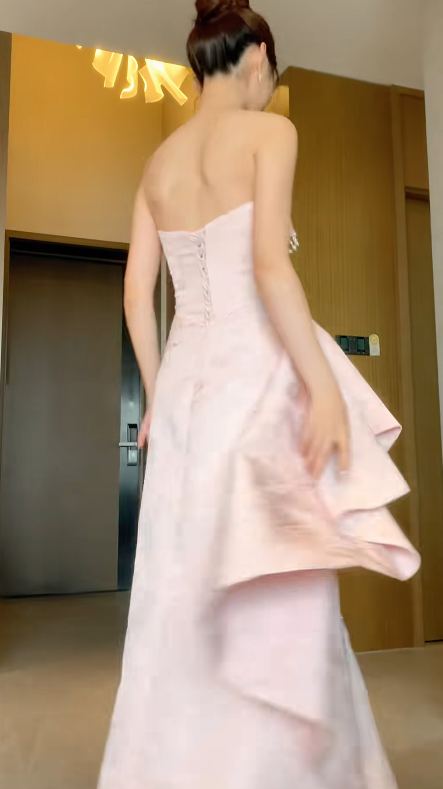 Romantic A Line Strapless Pink Satin Sequin Applique Without Sleeves Long Prom Dress,Evening Dress GG5512