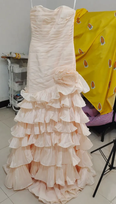 Classy Mermaid Strapless Tiered Chiffon Ruffle Hem Without Sleeves Long Prom Dress,Evening Dress GG5516