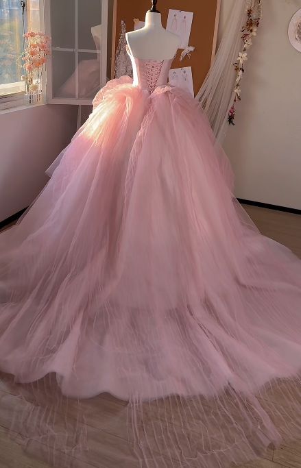 Sweet Pink Ball Gown Strapless Satin Tulle Without Sleeves Long Prom Dress,Evening Dress GG5521