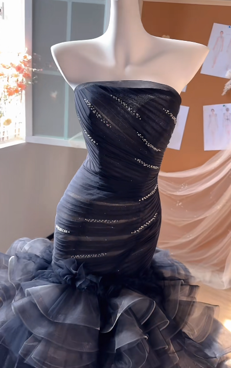 Chic Mermaid Strapless Tulle Beaded Without Sleeves Long Prom Dress,Evening Dress GG5525