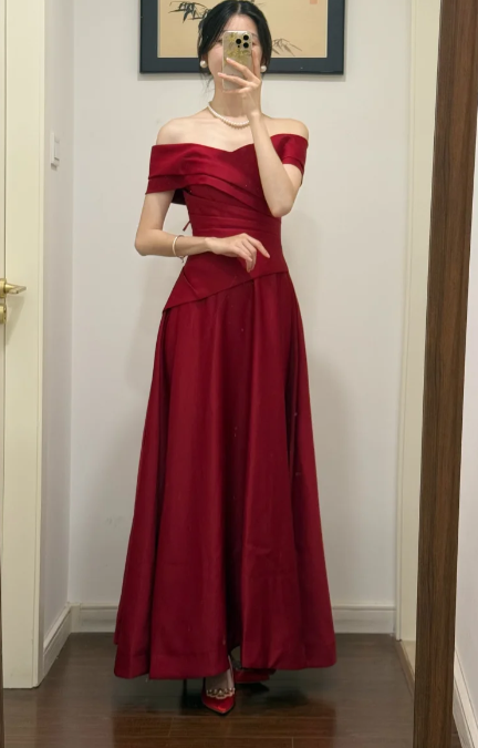 Formal A Line Burgundy Off The Shoulder Satin Without Sleeves Long Prom Dress,Evening Dress GG5529