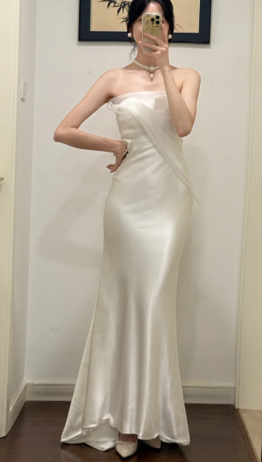 Chic Mermaid Strapless Satin Tulle Without Sleeves Long Prom Dress,Evening Dress GG5530